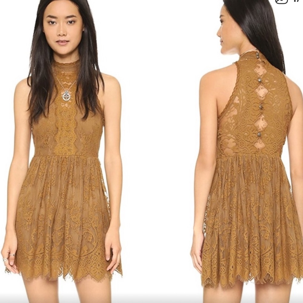 Free People Lace Mini Dress in Mustard Brown